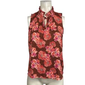 LOFT- WOMEN'S SMALL PETITE - BROWN FLORAL SLEEVEESS TIES AT NECK POLYESTER TOP